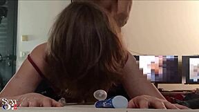 White slut in leather pants takes doggy assfucking rimjob and spanking