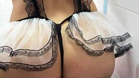 stepsis in lingerie bends over while cleaning, you watching?