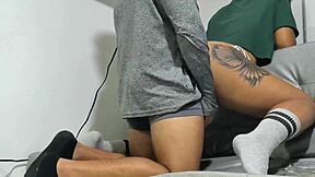 Latina couple pounds tight pussies hard on living room couch