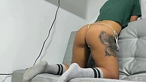 Latina couple pounds tight pussies hard on living room couch