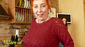 kinky redhead straps on fist mature hairy lesbian's saggy tits pussy after dress panty licking