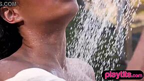 she strips naked outdoors then showers her ebony curves