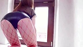 babe in red fishnets hangs out with two guys for some group fun time