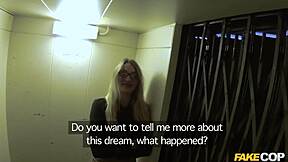 leggy british blonde babe rides fake cop dick in elevator
