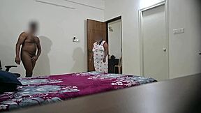 wife delivers blowjob and hardcore pounding while maid tidies room