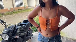 Athletic Latina neighbor begs for cock after moto fix in dorm workout tease!