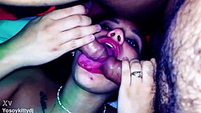 Colombian kitty dj squirts wildly bent over with monster cocks covering her in cum