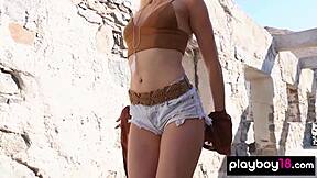 Big Boobed Aussie Blondie Rebekah Cotton Strips Naked Outdoor Posing Shaved Pussy