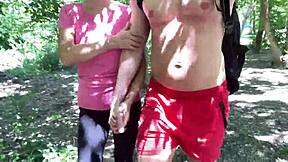 summer park quickie with thong pulled aside for outdoor fun.