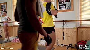 breasty cheerleader deepthroats cumshot facial in shorts