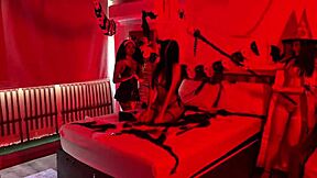 Halloween lesbian orgy: devil nun witch scissor pussies and lick nonstop at wild costume party!