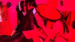 Halloween lesbian orgy: devil nun witch scissor pussies and lick nonstop at wild costume party!
