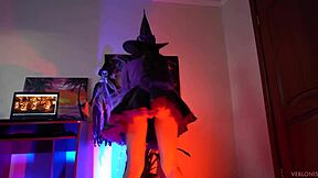 Slut witch Verlonis bounces tight teen pussy on monster cock for Halloween