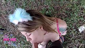 cute nerdy teen drops skirt for public blowjob on huge cock