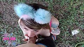 cute nerdy teen drops skirt for public blowjob on huge cock