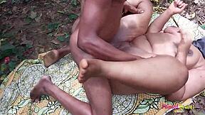 Ebony fuck queen tempts village lover boy with thick white pussy in bamboo bush outdoors