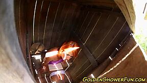 Piss on that redhead then spray cum everywhere outdoors