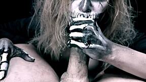 skeleton girl drops to knees for halloween horror cock sucking and cumshot