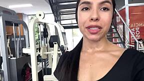 Sweaty latina babe fingers shaved pussy in gym bathroom squirting wildly almost caught?