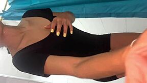 Sweaty latina babe fingers shaved pussy in gym bathroom squirting wildly almost caught?