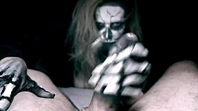 skeleton girl drops to knees for halloween horror cock sucking and cumshot