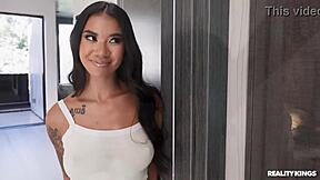 athletic brunette with big ass and piercing takes double blowjob cumshot facial in ffm threesome reality