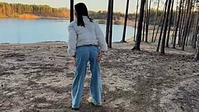 Perfect outdoor spot hides her deepthroat blowjob on my monster cock cumshot pov