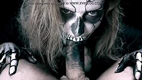 skeleton girl drops to knees for halloween horror cock sucking and cumshot