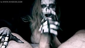 skeleton girl drops to knees for halloween horror cock sucking and cumshot