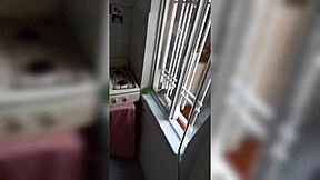 Canadian brunette neighbor bathes on balcony flaunting goddess tits and rich ass