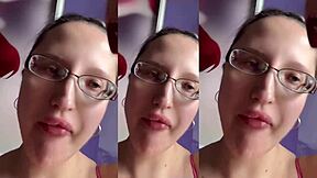 giant tall girl chews food fetish style with huge glasses smashing wet sounds