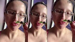 giant tall girl chews food fetish style with huge glasses smashing wet sounds