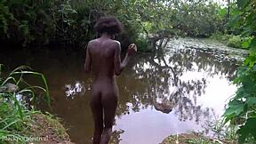 Attractive African Village Girl Bathes Skinny Body in River