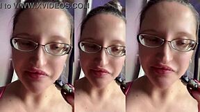 giant tall girl chews food fetish style with huge glasses smashing wet sounds