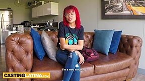 Petite red latina melissa mocosa deepthroats big cock turns slut on casting couch