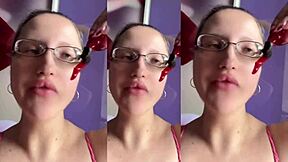 giant tall girl chews food fetish style with huge glasses smashing wet sounds