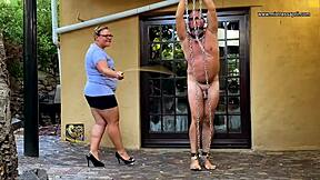 Dominatrix mistress april binds fat slave for hospital femdom caning