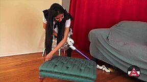 sexy french maid in stockings vacuums skirt upskirt flashing her wet pussy