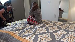 Skinny college teen Scarlet Datz endures brutal anal casting POV interview on sofa