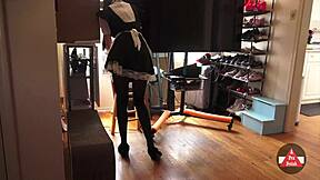 sexy french maid in stockings vacuums skirt upskirt flashing her wet pussy