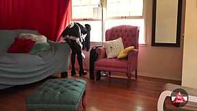 sexy french maid in stockings vacuums skirt upskirt flashing her wet pussy