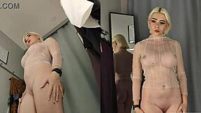 blonde model teases in see-through outfits during fitting room try-on