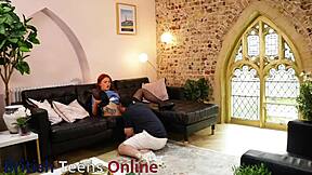 essex nurse in lingerie uniform teases neighbor patient with redhead small tits before deepthroat blowjob and muffs her wet cunt