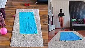 Curvy fat milf spreads huge asshole during naked yoga workout on dual cam