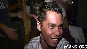 guys rip clothes off cute chicks at nightclub gangbang party for rough blowjobs and hard fucking