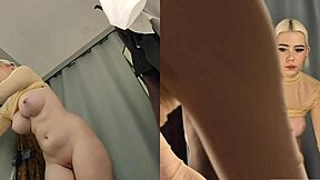 blonde model teases in see-through outfits during fitting room try-on