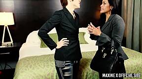 maxine gets doggy pounded by dominant redhead lily cade's strap-on fury!