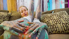 TATTOOED goth FINGERS gaping ASS in white LINGERIE frenzy