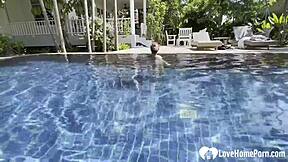 poolside babe swims topless teasing before taking hard cock homemade