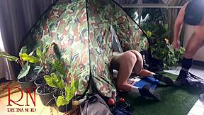 A stranger dominates nudist pussy deep in camping woods